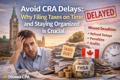Stressed taxpayer surrounded by paperwork illustrating CRA processing delays and importance of organized, on-time tax filing in Ottawa